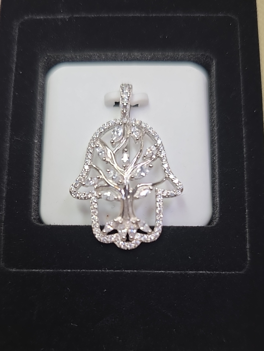 Silver Hamsa Tree of Life Pendant Necklace - Sparkling Silver Finish